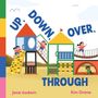 Text: "UP, DOWN, OVER, THROUGH."  
Illustration: Kinder spielen auf einem farbenfrohen Spielplatz mit Rutschen und Klettergerüsten., Buch