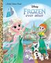 Text: "Frozen ever after", "a Little Golden Book". Illustration zweier froher Figuren mit Eiszapfen und kleinen Schneewesen., Buch