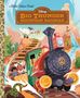 Text: Big Thunder Mountain Railroad. Illustration einer Lokomotive auf einer Bergstrecke mit Fahrgästen, Ziegenbock und Schlange.