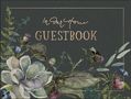 "In Our Home GUESTBOOK" in eleganter Schrift auf dunklem Hintergrund, umgeben von floralen Illustrationen und einer Biene.