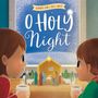 Text: "Hymns for Little Ones", "O Holy Night". Zwei Kinder schauen auf eine Krippe vor einem Fenster mit Schnee.