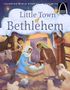 Ein Gemälde mit der Inschrift: "Little Town of Bethlehem." Es zeigt eine Krippenszene mit Maria, Josef, dem Jesuskind und Tieren., Buch