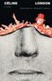 Text: "CÉLINE LONDON A Novel Translated by Charlotte Mandell". Illustration: Ein Gesicht und ein roter Mann im Zylinder., Buch