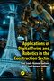 Text: "Applications of Digital Twins and Robotics in the Construction Sector." Ein Roboterarm erstellt einen holografischen Turm.