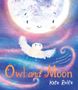 „Owl and Moon“ von Kate Rolfe. Illustration eines lachenden Mondes und einer fliegenden Eule in bunten Nachthimmel.