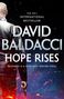 Text: "The No.1 International Bestseller. David Baldacci. Hope Rises. Revenge is a dish best served cold."  
Ein Mann hält eine Pistole.