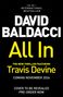 Text: "David Baldacci, The new thriller featuring Travis Devine, coming November 2026, cover to be revealed, pre-order now." Schwarzer Hintergrund., Buch