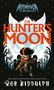 “The Hunter’s Moon.” Ein großes Wolfsgesicht dominiert den Hintergrund. Im Vordergrund ein entschlossener Junge mit Stock.