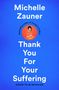 Text: Michelle Zauner, Thank You For Your Suffering. Illustration: Frau hält Lebensmittel, blauer Hintergrund.