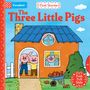 Text: "The Three Little Pigs", "Push Pull Slide". Illustration: Drei fröhliche Schweinchen in buntem Haus, Ziegel, blauer Himmel., Buch