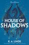 "House of Shadows", K. A. Linde. Illustration: Drache über einem Schloss, umgeben von gelben Funken auf blauem Hintergrund.