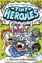 Eine Comic-Titelillustration mit "Tiny Hercules: Gods Gone Wild!". Ein Kind, ein überrascht schauendes Mädchen und ein fröhlicher Junge mit blauem Haar., Buch