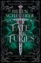 „Helen Scheuerer, Fate & Furies, The Legends of Thezmarr, Book Three.“ Ein Schwert mit roten Edelsteinen vor grünem Muster.