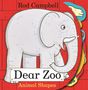 „Rod Campbell Dear Zoo animal shapes“ auf einem Schild vor einem roten Hintergrund. Ein Affe hält eine Banane.