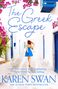 "The Greek Escape" in blauer Schrift. Frau in blauem Kleid geht durch weiße Gasse, umgeben von pinken Blumen.