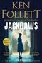 Titel: "Jackdaws" von Ken Follett. Szene: Menschen mit Koffern in einem Gebäude, Lichtstrahlen von oben., Buch