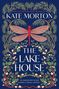 "THE MULTIMILLION-COPY BESTSELLER
KATE MORTON
THE LAKE HOUSE
AN ABANDONED HOUSE GUARDS A TRAGIC MYSTERY."
Illustration: Rote Libelle, grüne Ranken auf blauem Hintergrund., Buch