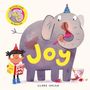 „Joy“ und „Everyone needs Joy in their life!“ Große Illustration eines Elefanten mit Partyhut, Kind liest Kochbuch.