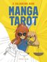 Text: "A Colouring Book: Manga Tarot, Patrick Miller." Illustration einer Manga-Figur mit Schwert und Waage, gelber Hintergrund.