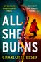„By day she investigates fires. By night she starts them.“ Titel: All She Burns. Unten: Charlotte Essex. Links dunkel, rechts Frau in Rot.