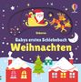 "Babys erstes Schiebebuch Weihnachten" auf lila Hintergrund. Santa in Schlitten, Rentiere, Schneelandschaft, bunte Häuser.
