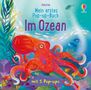 Text: "Mein erstes Pop-up-Buch Im Ozean mit 5 Pop-ups". Illustration zeigt einen Ozean mit einem roten Oktopus und bunten Fischen., Buch