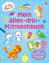 „Mein Alles-drin-Mitmachbuch“ in Rosa. Illustration bunter Tiere, Sterne und einem Einhorn auf blauem Hintergrund., Buch