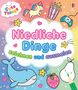 „Niedliche Dinge zeichnen und ausmalen“. Ein Einhorn, Popcorn, Wal und bunte Symbole auf pastellfarbenem Hintergrund., Buch