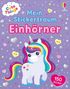 Text: „Mein Stickertraum Einhörner“, „150 Sticker“. Ein lächelndes Einhorn mit Regenbogenmähne daneben, auf lila Hintergrund., Buch