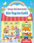 „Cosy-Stickerwelt: Ein Tag im Café“. Illustration: Tiere genießen Gebäck im Café, Regenbogen oben, freundliche Stimmung., Buch