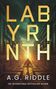 "LABYRINTH" in großen goldenen Buchstaben, darunter "A.G. Riddle". Ein Mann läuft einen leuchtenden Pfad entlang.