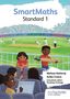 "SmartMaths Standard 1". Kinder bei einem Cricketspiel, ein Kind hält eine Cola, ein anderes eine lange Crickethandpumpe., Buch