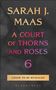SARAH J. MAAS, A COURT OF THORNS AND ROSES 6, COVER TO BE REVEALED. Schwarzer Hintergrund mit buntem Text.