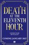 "DEATH AT THE ELEVENTH HOUR. COMING JANUARY 2027." Goldene Schrift auf blauem Hintergrund mit dekorativem Rahmen.