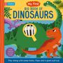 "My First Big Book of Dinosaurs", bunte Illustrationen von Dinosauriern, Lupe zeigt Knochen, Blätter als Dekoration.