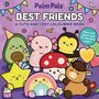 „Palm Pals Best Friends“ steht auf lila Hintergrund. Süße, lächelnde Figuren: Avocado, Biene, Stern, Regenbogen, Pilz, Pferd., Buch