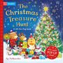 Text: "The Christmas Treasure Hunt" und "With a giant POP-UP tree!" Tiere mit Geschenken vor einem geschmückten Baum.