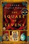 Titel: The Square of Sevens. Autor: Laura Shepherd-Robinson. Illustration: Spielkarten, Ei, Fossil, goldene Umrandung.