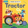 "Friends Can Fix It! Tractor. Pull the tab to open the toolbox!" Illustration von Tieren auf einem roten Traktor.