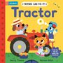 „Tractor“, „Pull the tab to open the toolbox“. Illustration: Hund auf Traktor, Maus steht fröhlich, Katze mit Werkzeugkoffer.