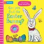 Text: "Can you find the Easter Bunny?" Illustration von einem Hasen mit roten Schleife, Eiern, Küken und bunten Schmetterlingen.