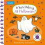 „Who's Hiding At Halloween?“ in kindlicher Schrift. Illustration: Geist, Eule, Katze, Kürbis, Fledermäuse auf orangefarbenem Hintergrund.