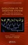 "EVOLUTION OF THE DIGESTIVE SYSTEM" und wissenschaftliche Grafiken von Zellen auf rotem Hintergrund., Buch
