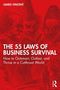 "THE 55 LAWS OF BUSINESS SURVIVAL" von James Vincent. Rote Illustration von drei diskutierenden Personen., Buch