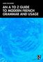 Text: "James Dolamore, An A to Z Guide to Modern French Grammar and Usage". Illustration: Blaue abstrakte Wirbel.