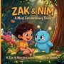 „ZAK & NIM: A Most Extraordinary Thing“. Ein Junge sitzt lächelnd mit einem blauen, außerirdischen Wesen im Wald., Buch