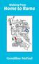 Text: "Walking from Home to Rome". Illustration einer Karte mit Symbolen von Schottland und Italien, Fahnen und Sehenswürdigkeiten.