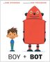 Text: "BOY + BOT". Ein Junge steht neben einem großen roten Roboter.
