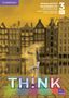 "SECOND EDITION WORKBOOK 3 CEFR B1+ THINK!" Gebäude im Hintergrund, kopfüber stehende Person, buntes Logo unten.