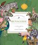 "Sticker Studio Menagerie: a sticker gallery of the animal kingdom" umgeben von Tierillustrationen auf grünem Hintergrund., Buch